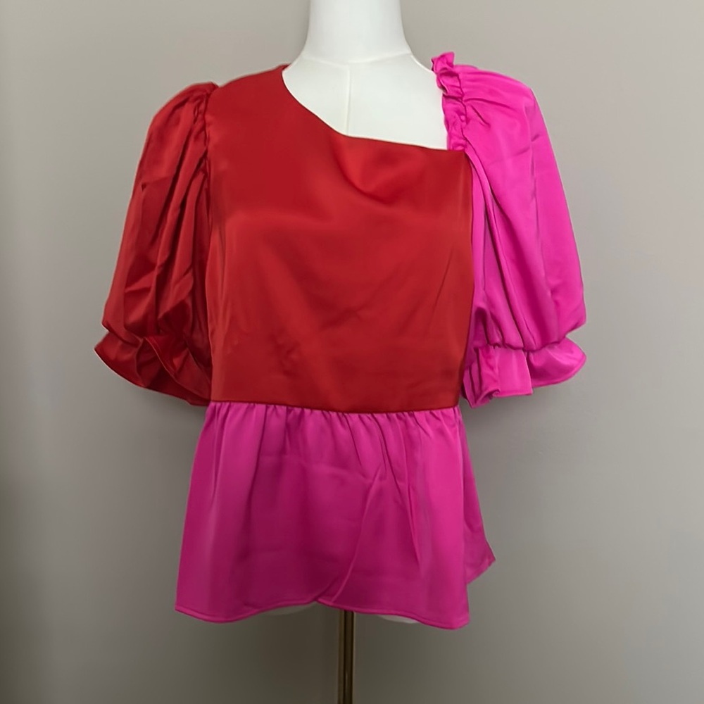 CROSBY by Mollie Burch Red and Pink Puff Sleeve Peplum Blouse~ Medium